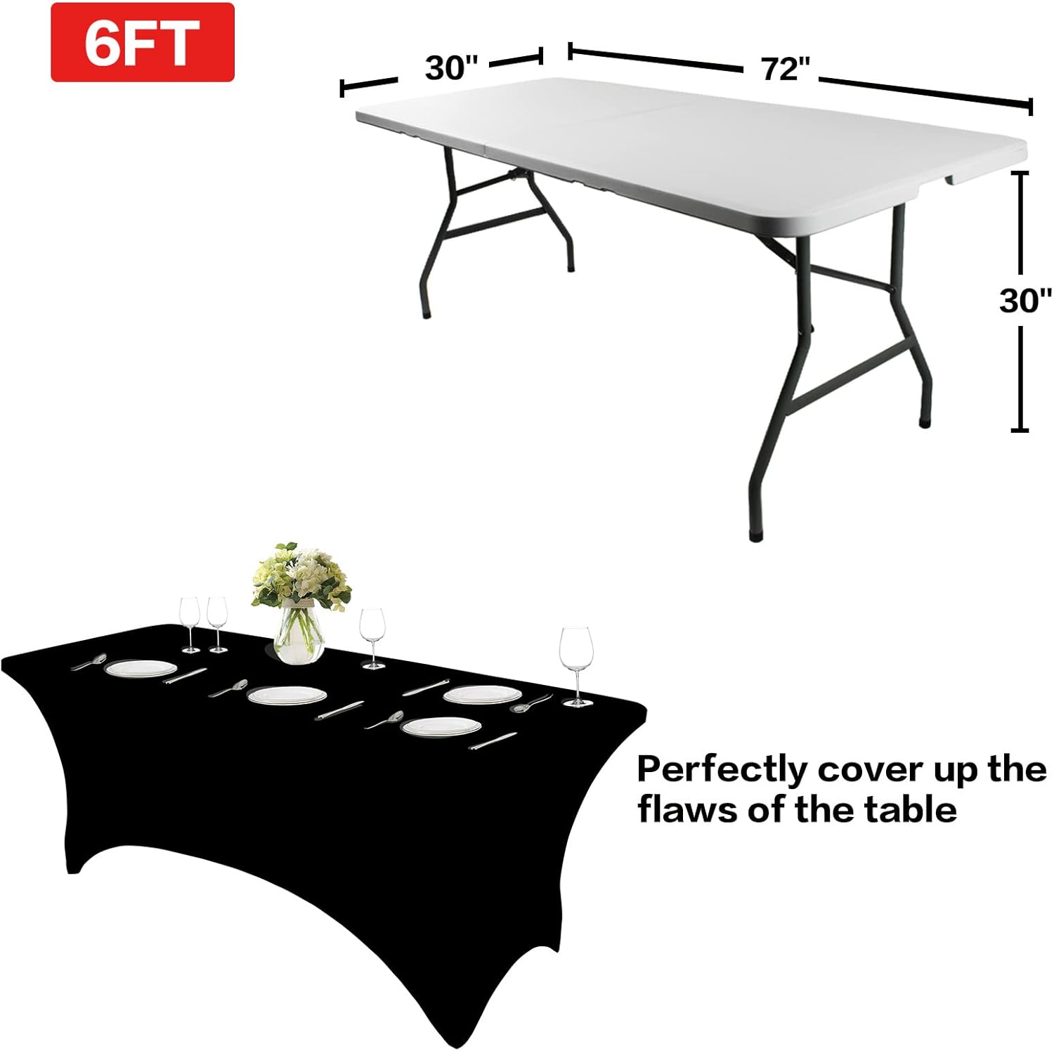 IVAPUPU 2-Pack 6FT Stretch Black Tablecloth - Wrinkle-Resistant Spandex for Weddings & Events