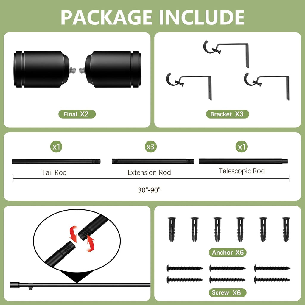 Edidonson Adjustable Black Curtain Rods - 5/8" Diameter, 30-90 Inch, for Windows Up to 84 Inches