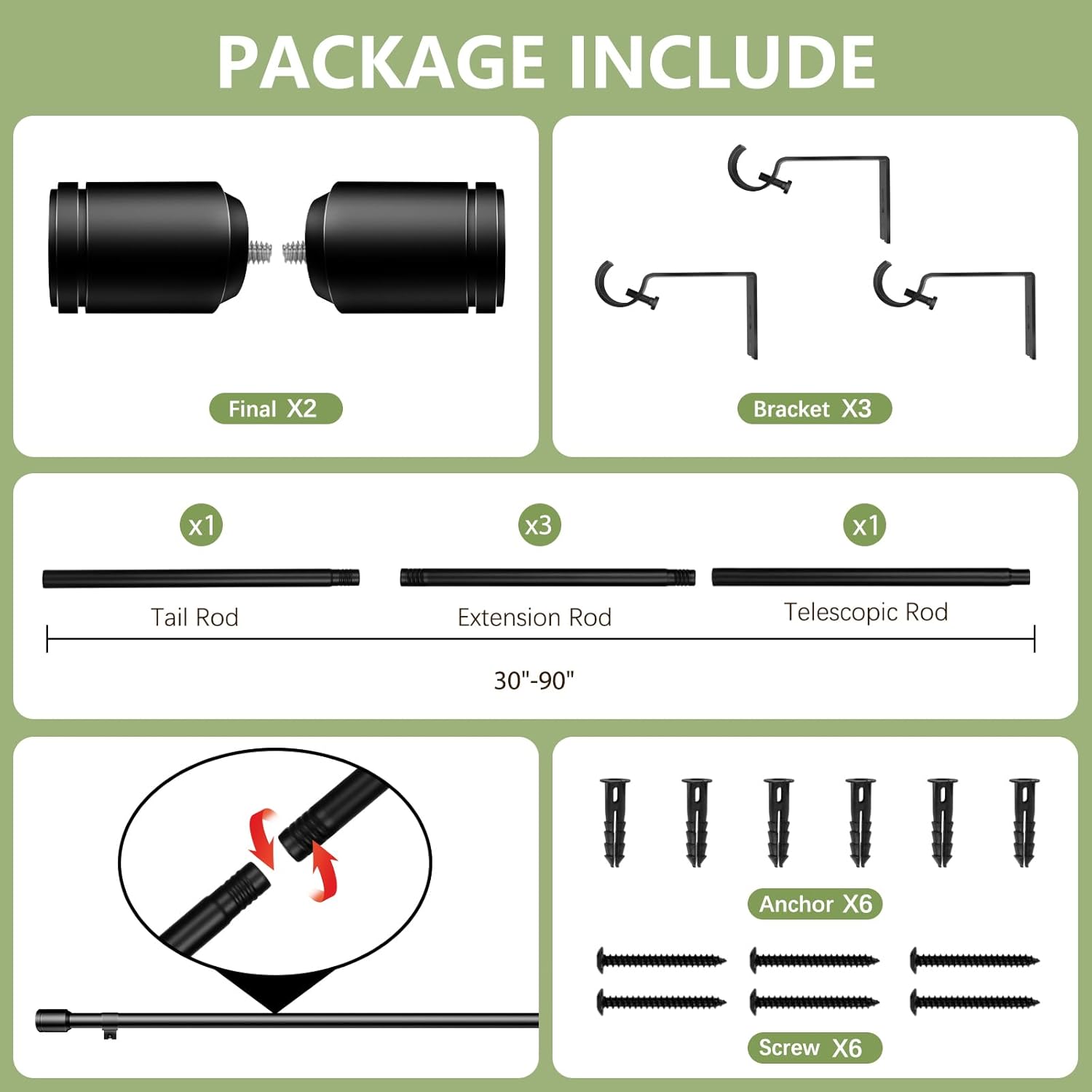 Edidonson Adjustable Black Curtain Rods - 5/8" Diameter, 30-90 Inch, for Windows Up to 84 Inches