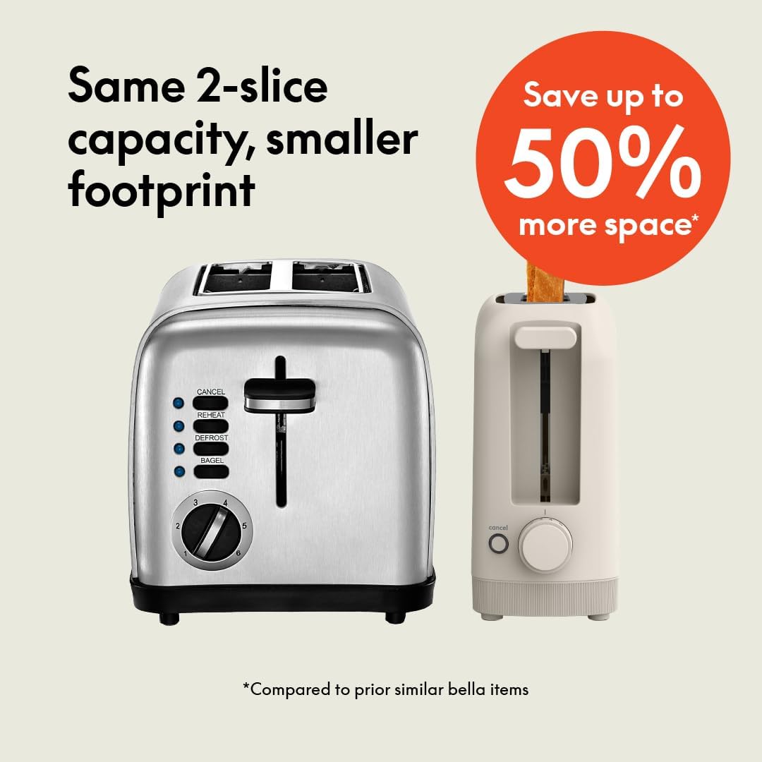 BELLA 2-Slice Slim Toaster - Fits Anywhere Kitchenware with 6 Shade Control & Reheat