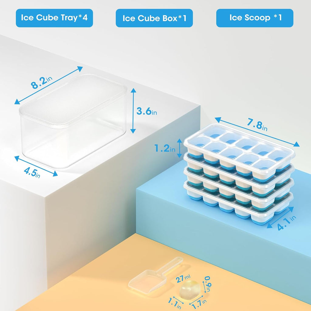 DOQAUS 4-Pack Ice Cube Tray Set with Lid & Bin - Stackable Silicone Freezer Organizer