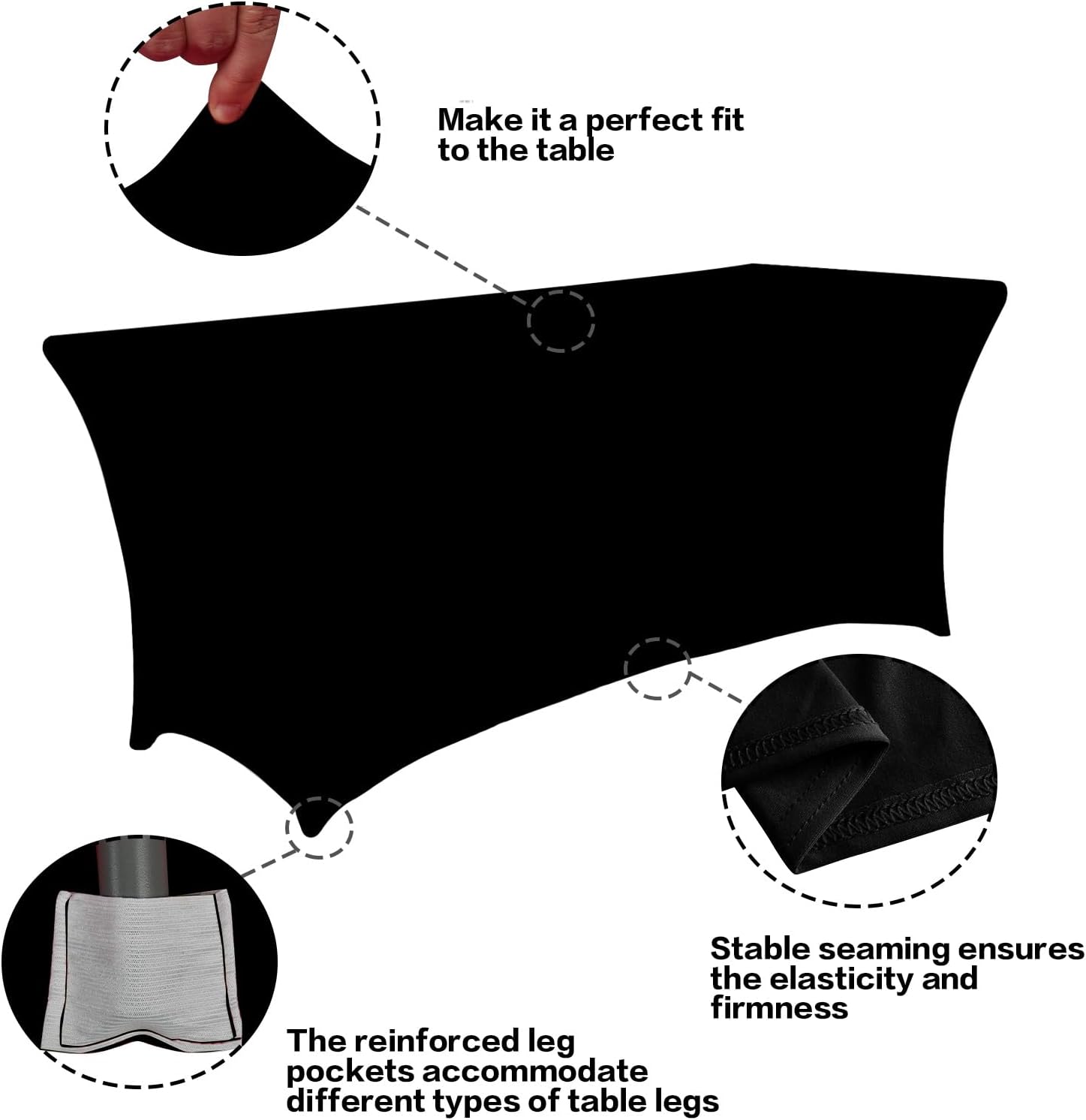 IVAPUPU 2-Pack 6FT Stretch Black Tablecloth - Wrinkle-Resistant Spandex for Weddings & Events