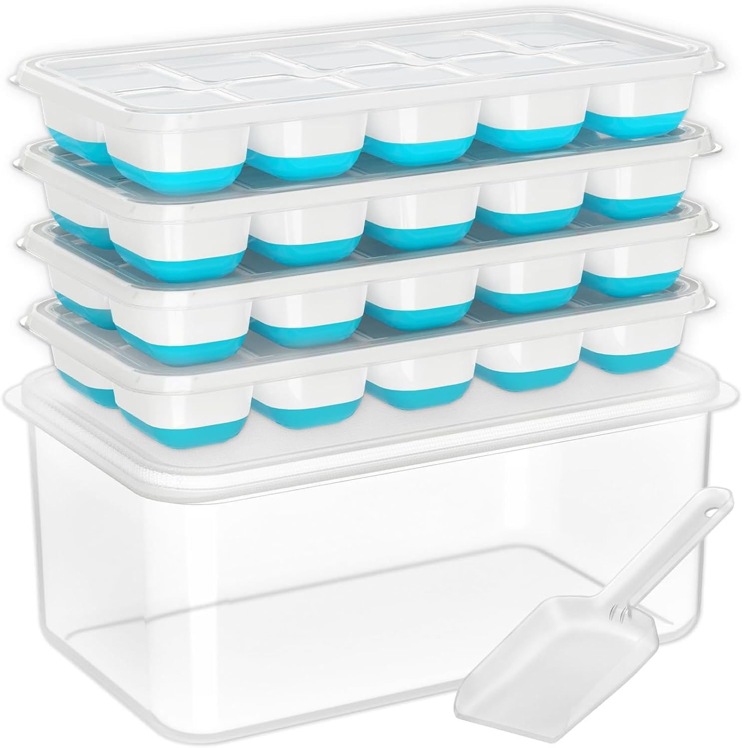 DOQAUS 4-Pack Ice Cube Tray Set with Lid & Bin - Stackable Silicone Freezer Organizer