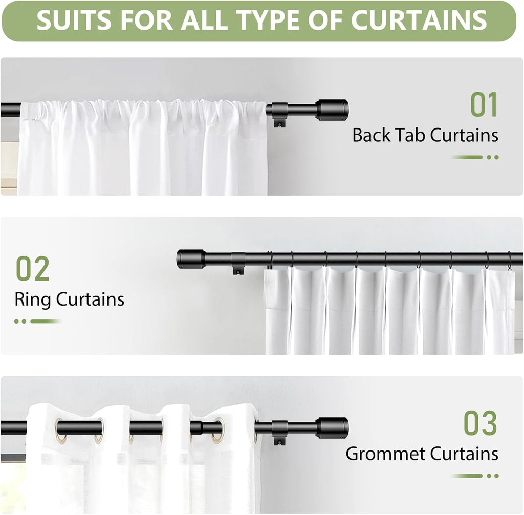 Edidonson Adjustable Black Curtain Rods - 5/8" Diameter, 30-90 Inch, for Windows Up to 84 Inches