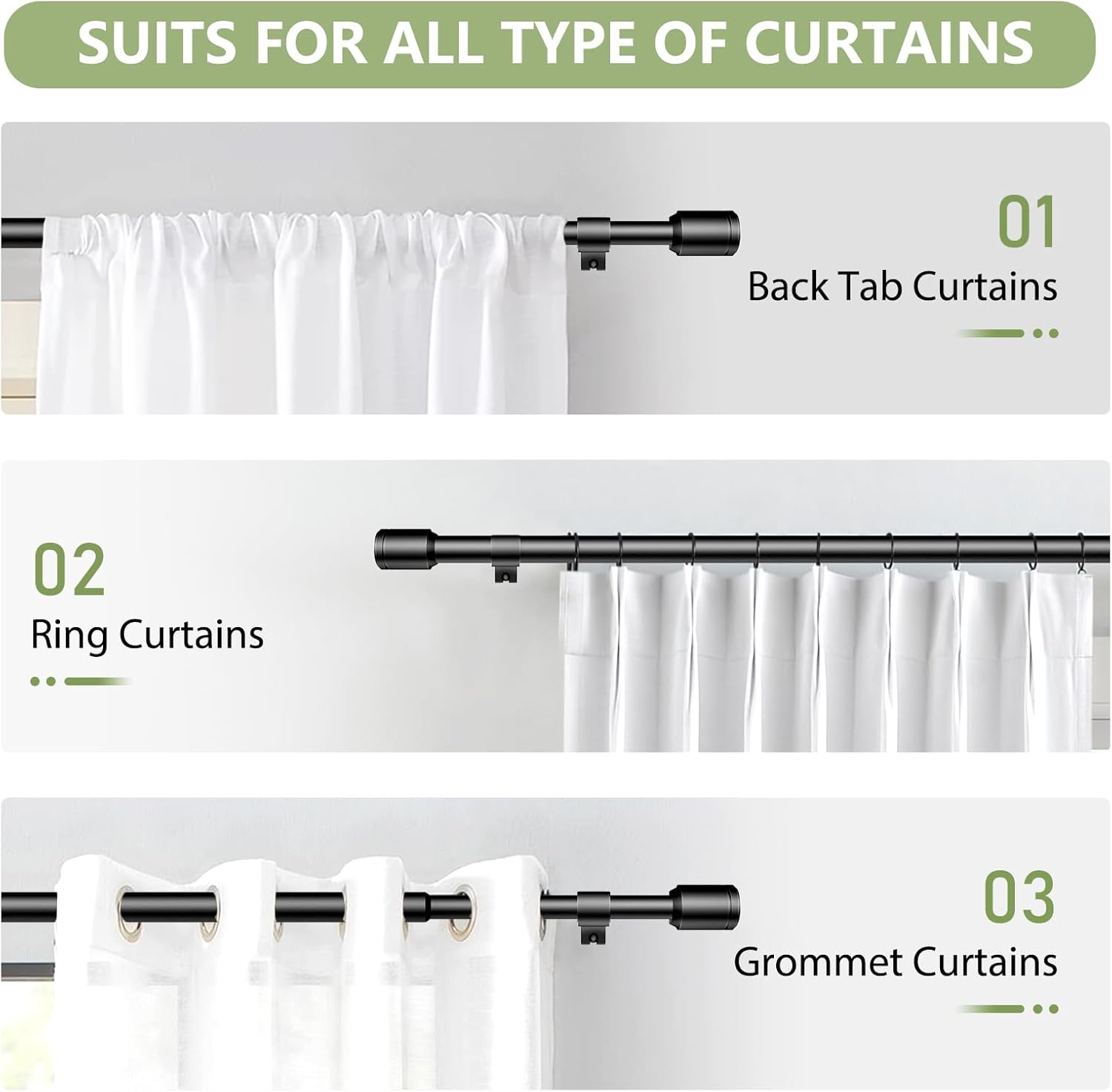 Edidonson Adjustable Black Curtain Rods - 5/8" Diameter, 30-90 Inch, for Windows Up to 84 Inches