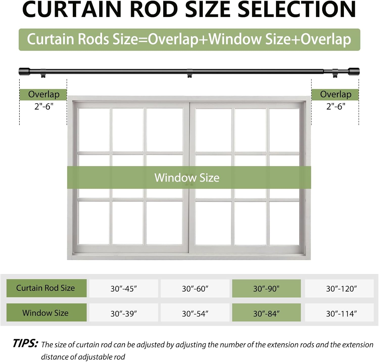 Edidonson Adjustable Black Curtain Rods - 5/8" Diameter, 30-90 Inch, for Windows Up to 84 Inches