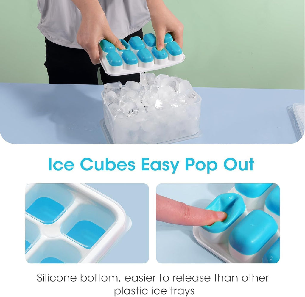 DOQAUS 4-Pack Ice Cube Tray Set with Lid & Bin - Stackable Silicone Freezer Organizer