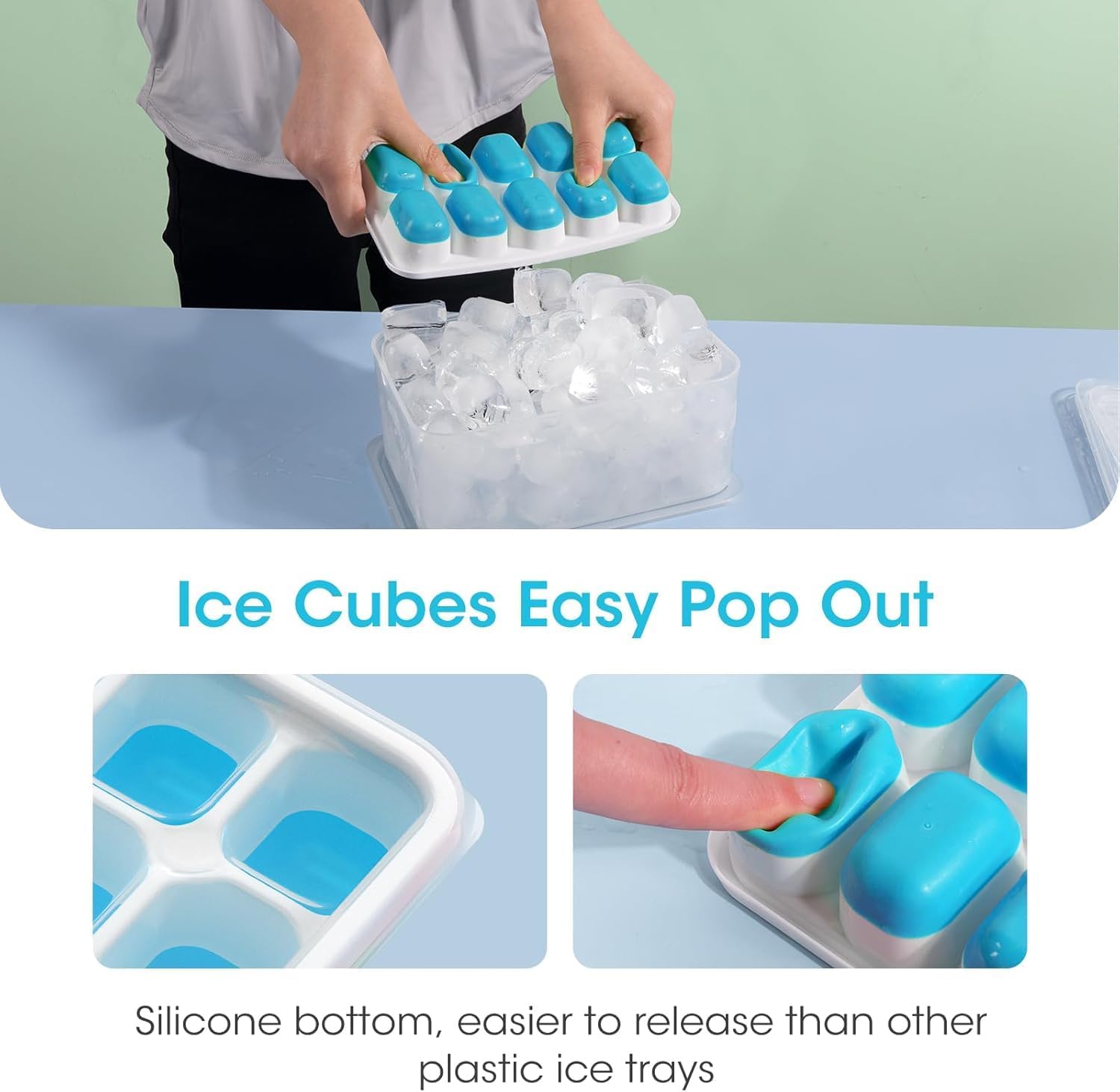 DOQAUS 4-Pack Ice Cube Tray Set with Lid & Bin - Stackable Silicone Freezer Organizer