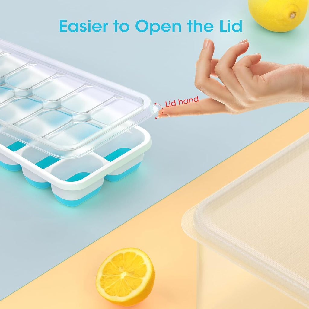 DOQAUS 4-Pack Ice Cube Tray Set with Lid & Bin - Stackable Silicone Freezer Organizer