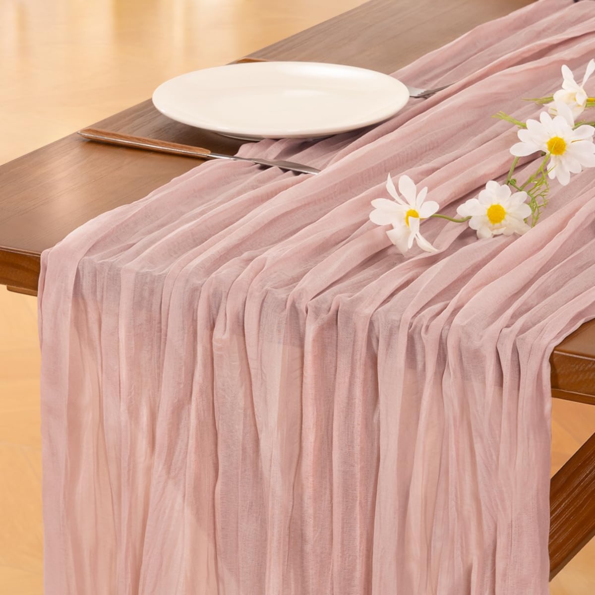 Socomi 10ft Dusty Pink Cheesecloth Table Runner - Rustic Gauze for Weddings & Home Decor