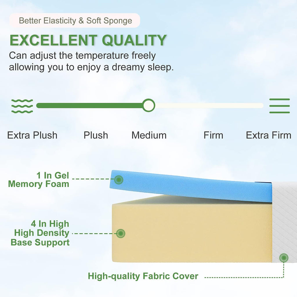 FDW Medium-Firm Twin Mattress for Kids & Adults - 5" Gel Memory Foam Mattress in a Box