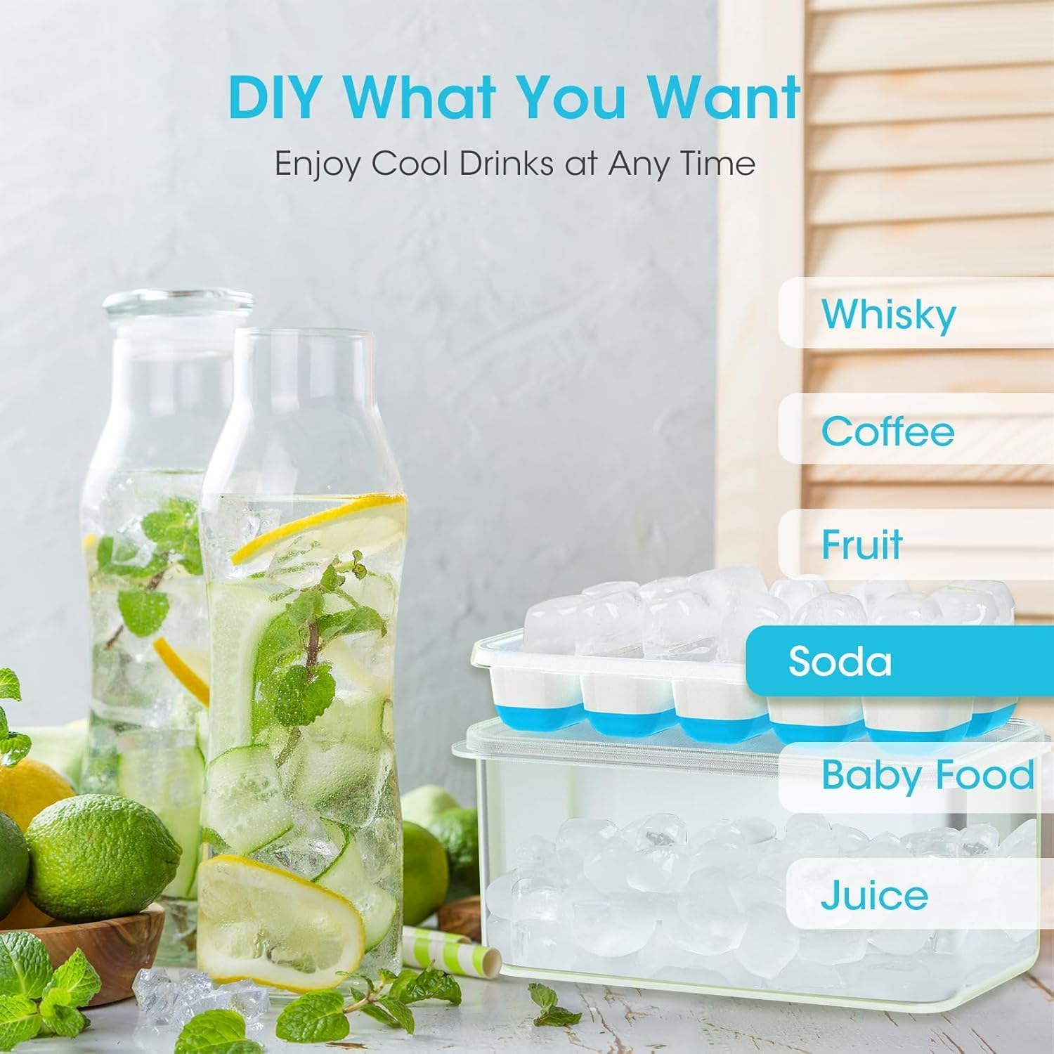 DOQAUS 4-Pack Ice Cube Tray Set with Lid & Bin - Stackable Silicone Freezer Organizer