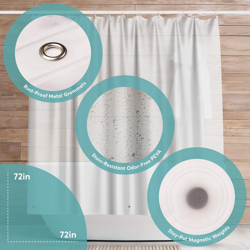 BigFoot Odorless PEVA Shower Curtain Liner - 72x72, Heavy-Duty Waterproof with Magnets