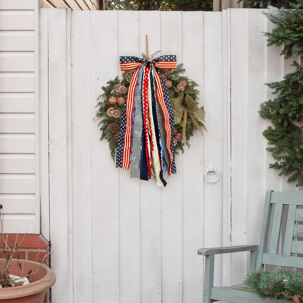 Ftuuo Large Patriotic Star Burlap Bow - 4th of July Wreath Sash with Clip-On