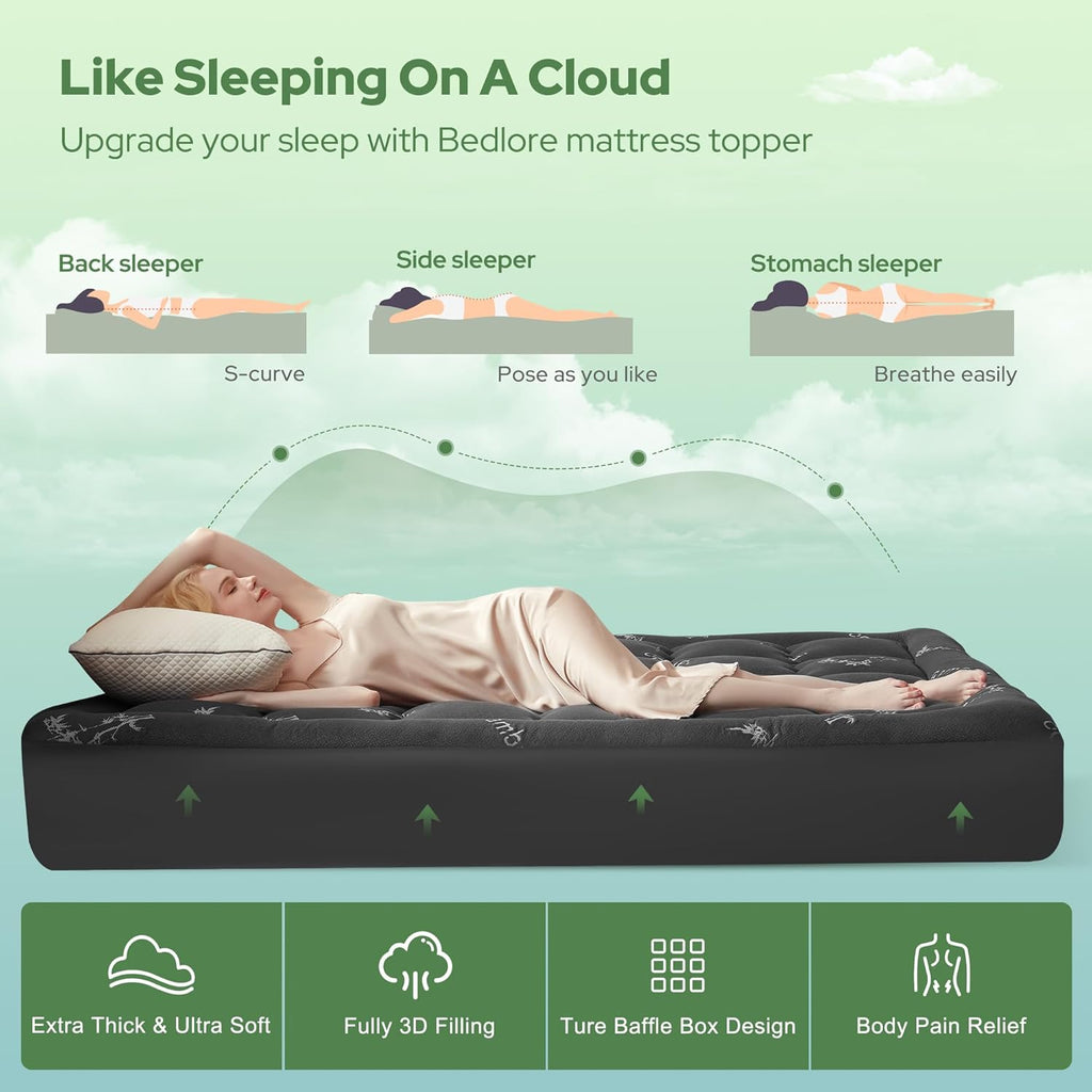 BEDLORE Queen Bamboo Viscose Mattress Topper for Back Pain Relief