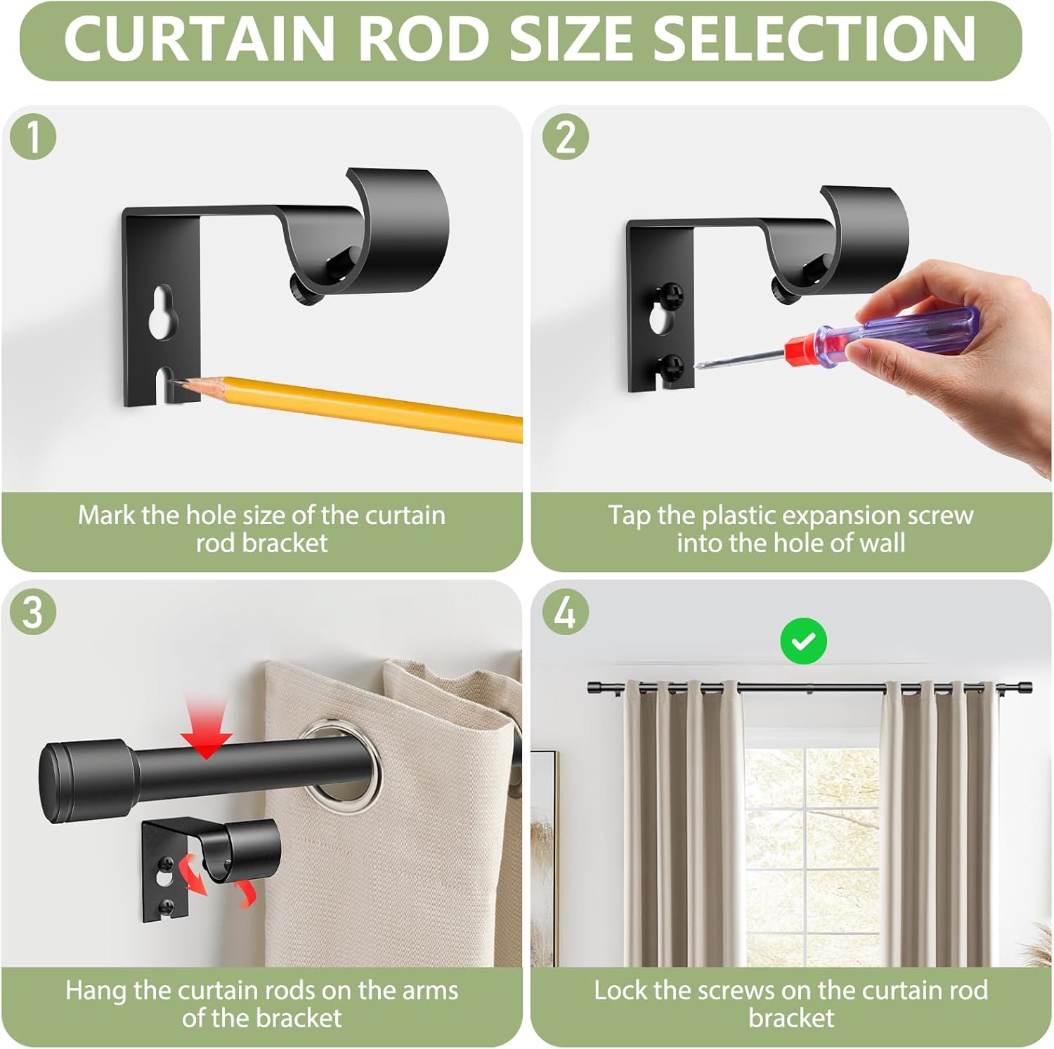 Edidonson Adjustable Black Curtain Rods - 5/8" Diameter, 30-90 Inch, for Windows Up to 84 Inches