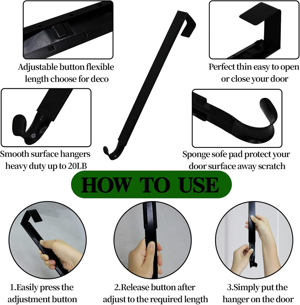 Adjustable Front Door Wreath Hanger for 20lb Loads - Black