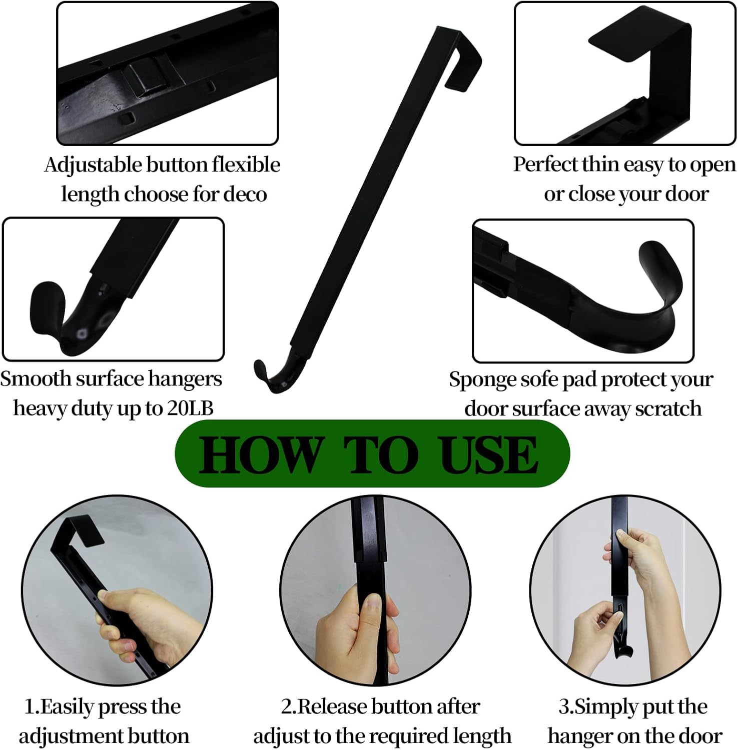 Adjustable Front Door Wreath Hanger for 20lb Loads - Black