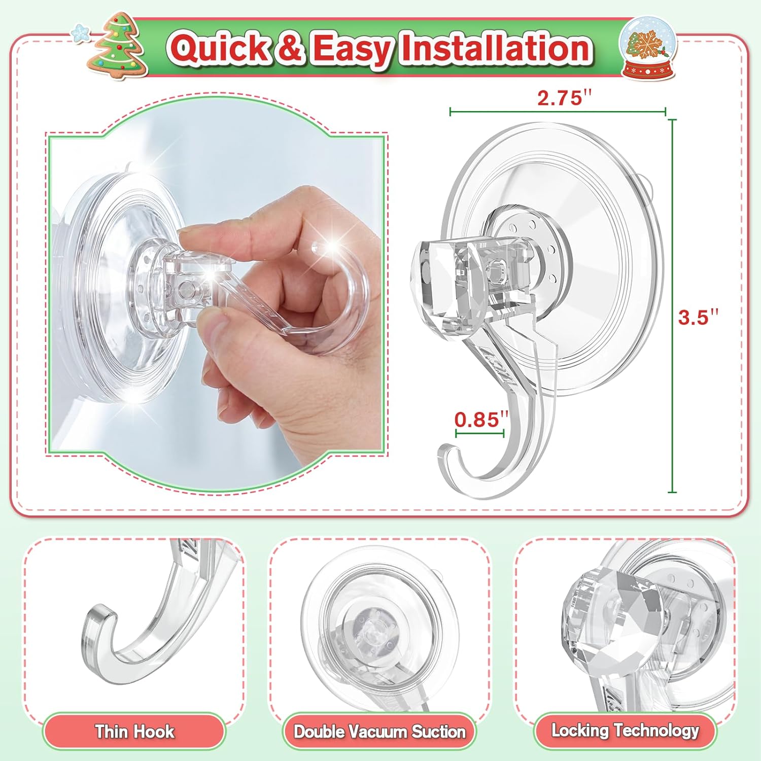 VIS'V Heavy Duty Suction Cup Wreath Hanger Set (2 Pcs) - 22 LB Capacity Clear Hooks