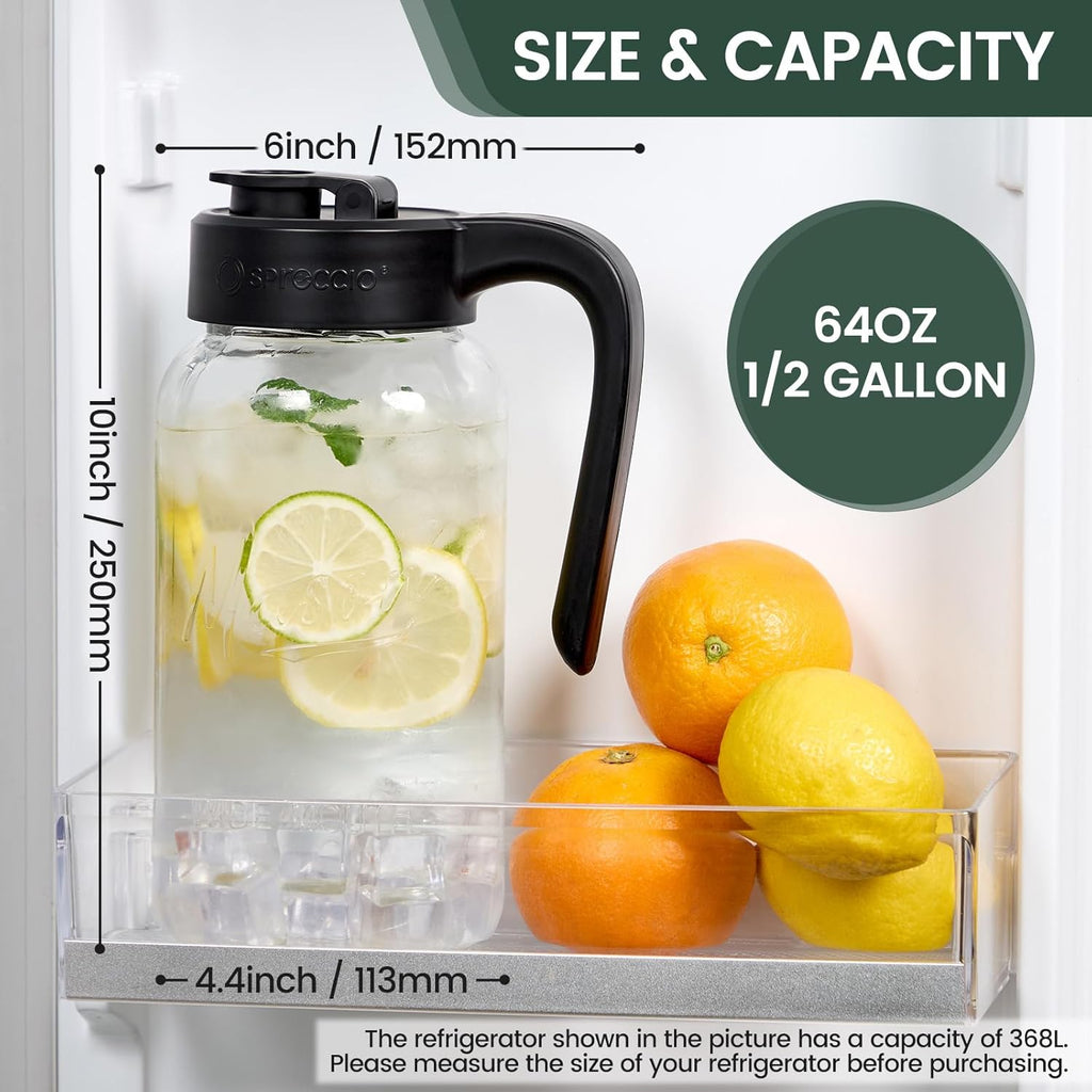 Spreccio Airtight Mason Jar Pitcher - Leakproof Glass Beverage Jug with Lid for Sun Tea & Cold Brew (64 oz)
