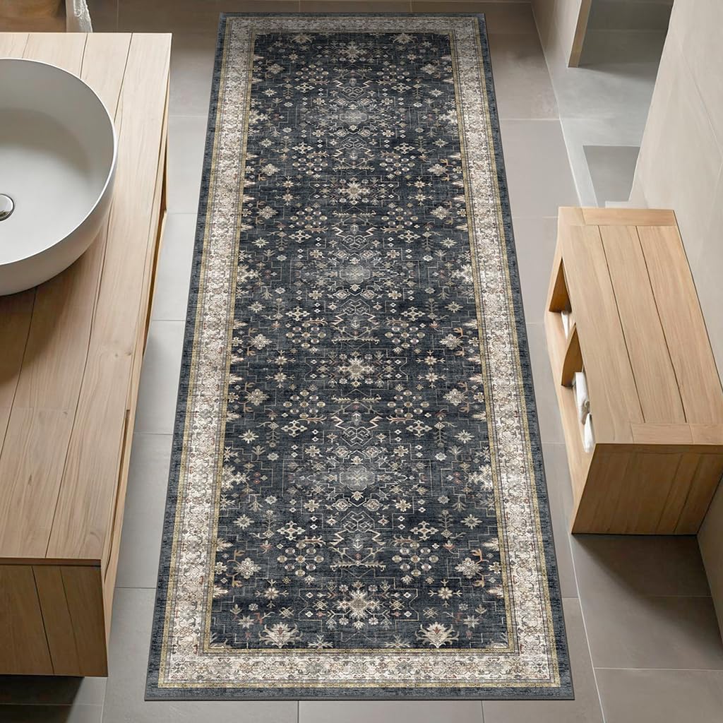 Black Boho Washable Runner Rug (2' x 6') - Non-Slip, Stain-Resistant for Kitchen & Hallway by Hazo Haus