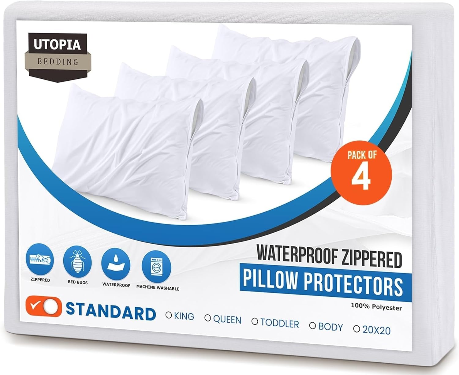 Bed Bug & Dust Mite Proof Pillow Protectors - Zipper Enclosed, Waterproof, Set of 4 by Utopia Bedding