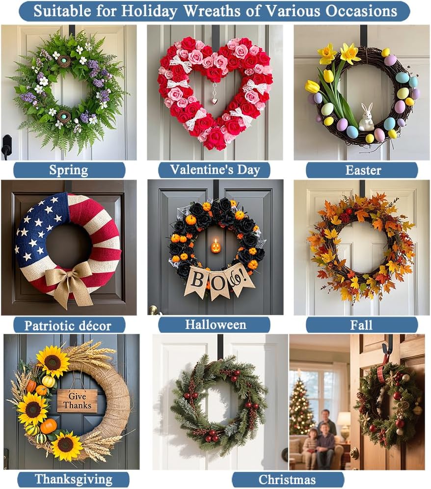 Sattiyrch Sturdy Steel Front Door Wreath Hanger - 15" Over the Door Hook for Holiday Decorations