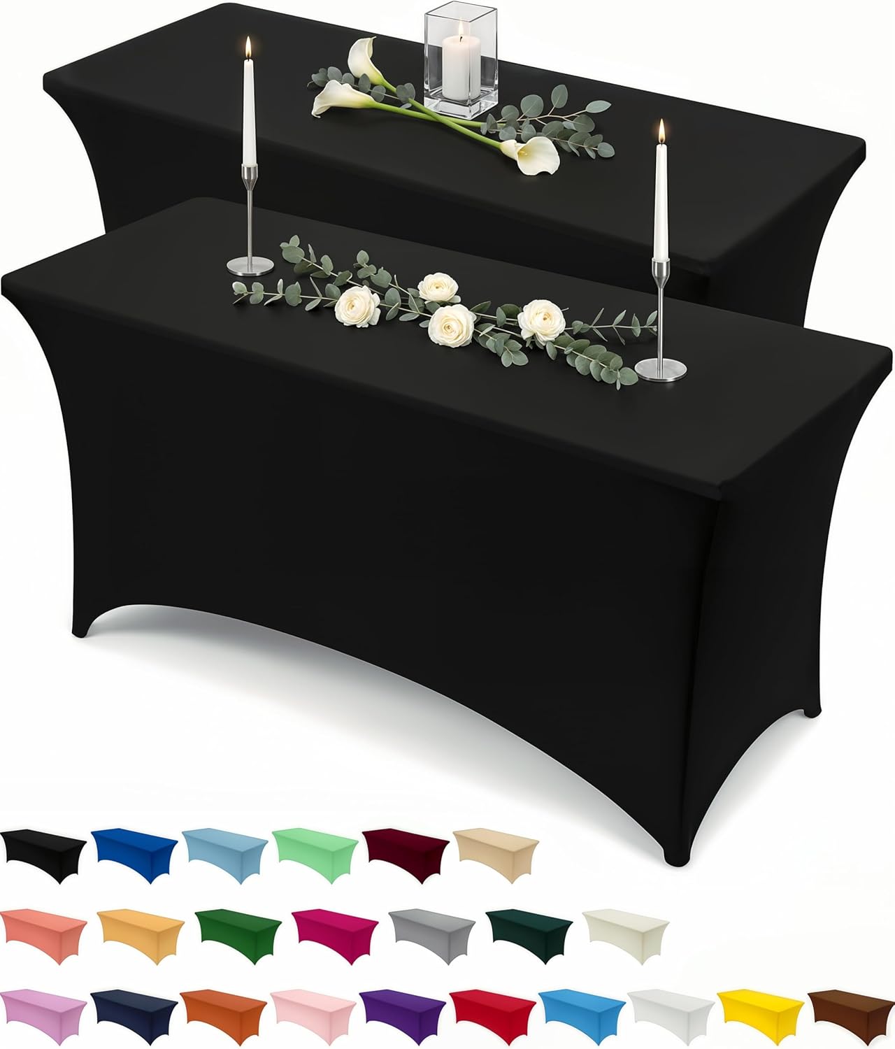 Utopia Kitchen 6-Foot Stretch Tablecloth 2-Pack - Black, Fitted & Wrinkle-Resistant
