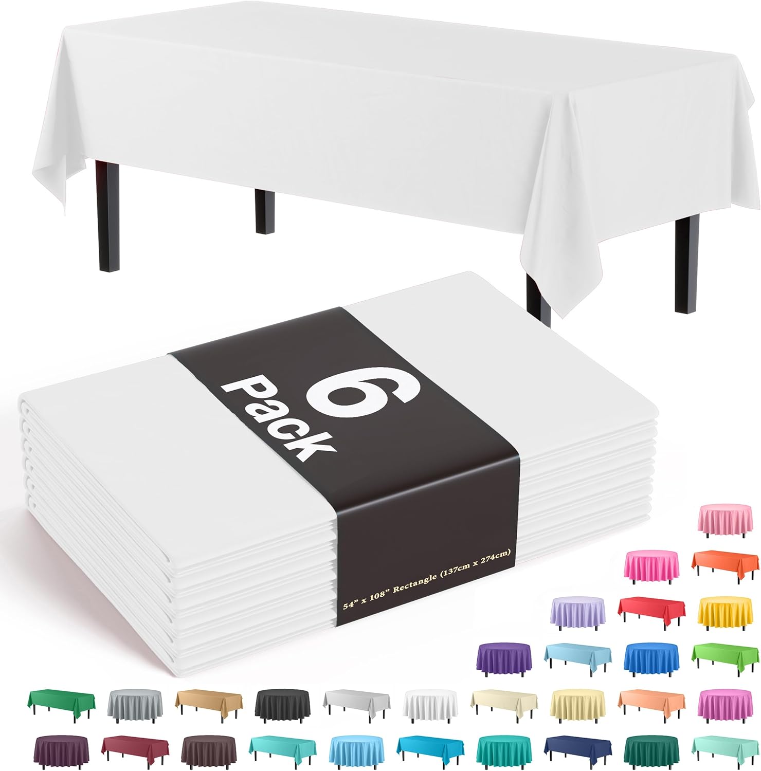 Party Solids Premium Plastic Tablecloth 54x108in. 6-Pack - White