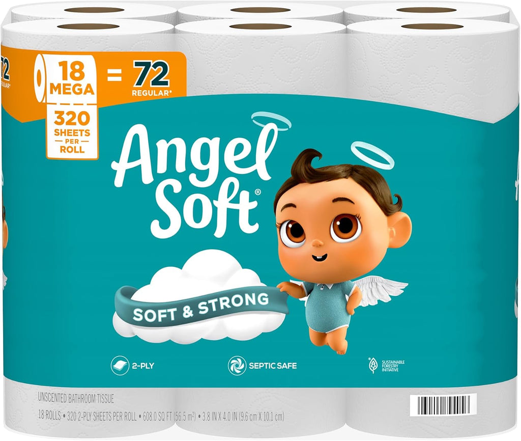 Angel Soft Mega Roll Toilet Paper - 18 Rolls (5760 Sheets) Septic-Safe & Strong