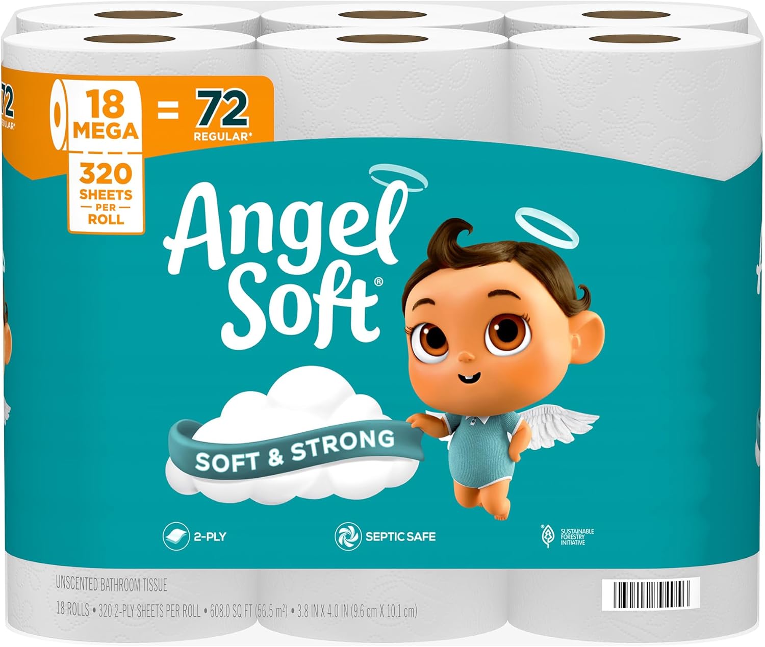 Angel Soft Mega Roll Toilet Paper - 18 Rolls (5760 Sheets) Septic-Safe & Strong