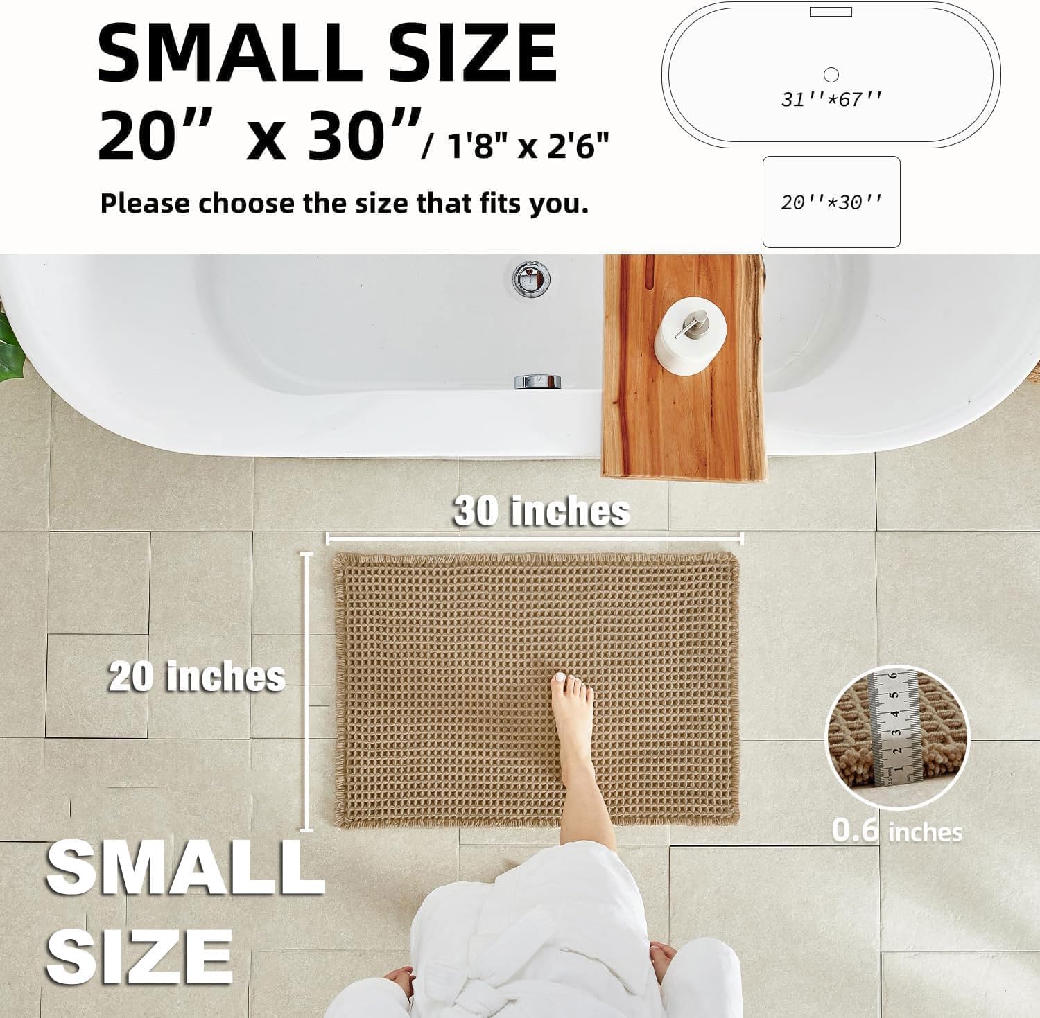 TYUU Boho Waffle Bath Mat - Non-Slip, Super Absorbent Farmhouse Rug (30x20", Khaki)