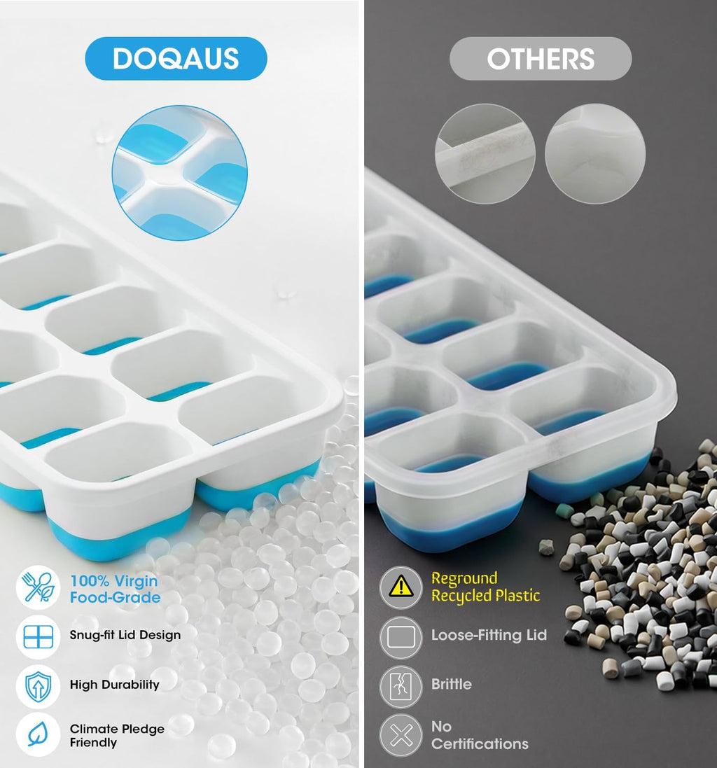 DOQAUS 4-Pack Ice Cube Tray Set with Lid & Bin - Stackable Silicone Freezer Organizer