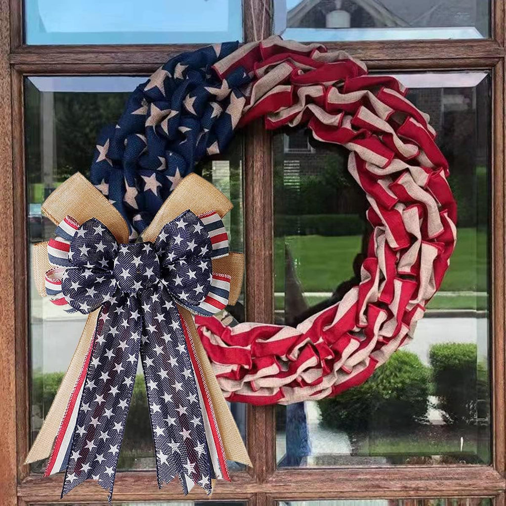 Hongsome Patriotic Burlap Bow for 4th of July Wreaths - Red White Blue Stars, 11x16.5in