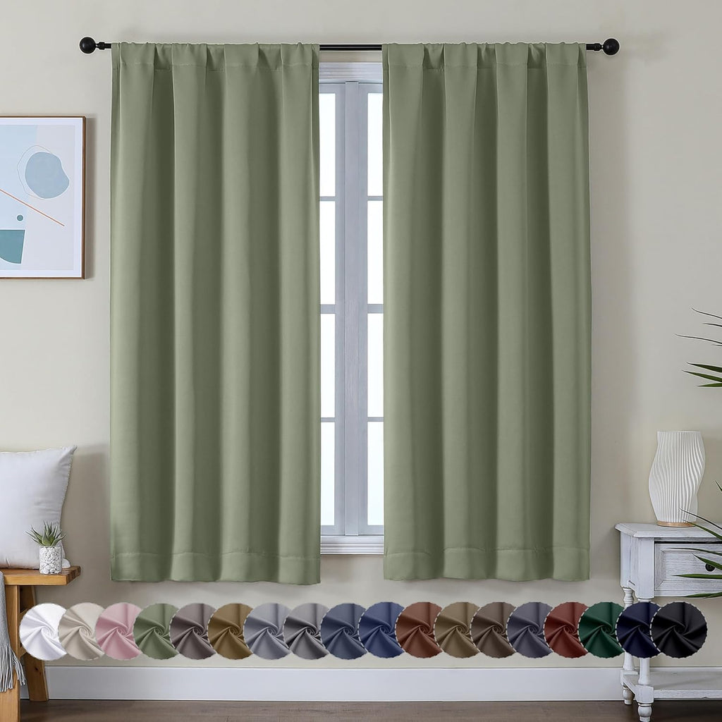 Simplebrand Sage Green Blackout Curtains for Bedroom 63 Inch Length 2-Panel Set