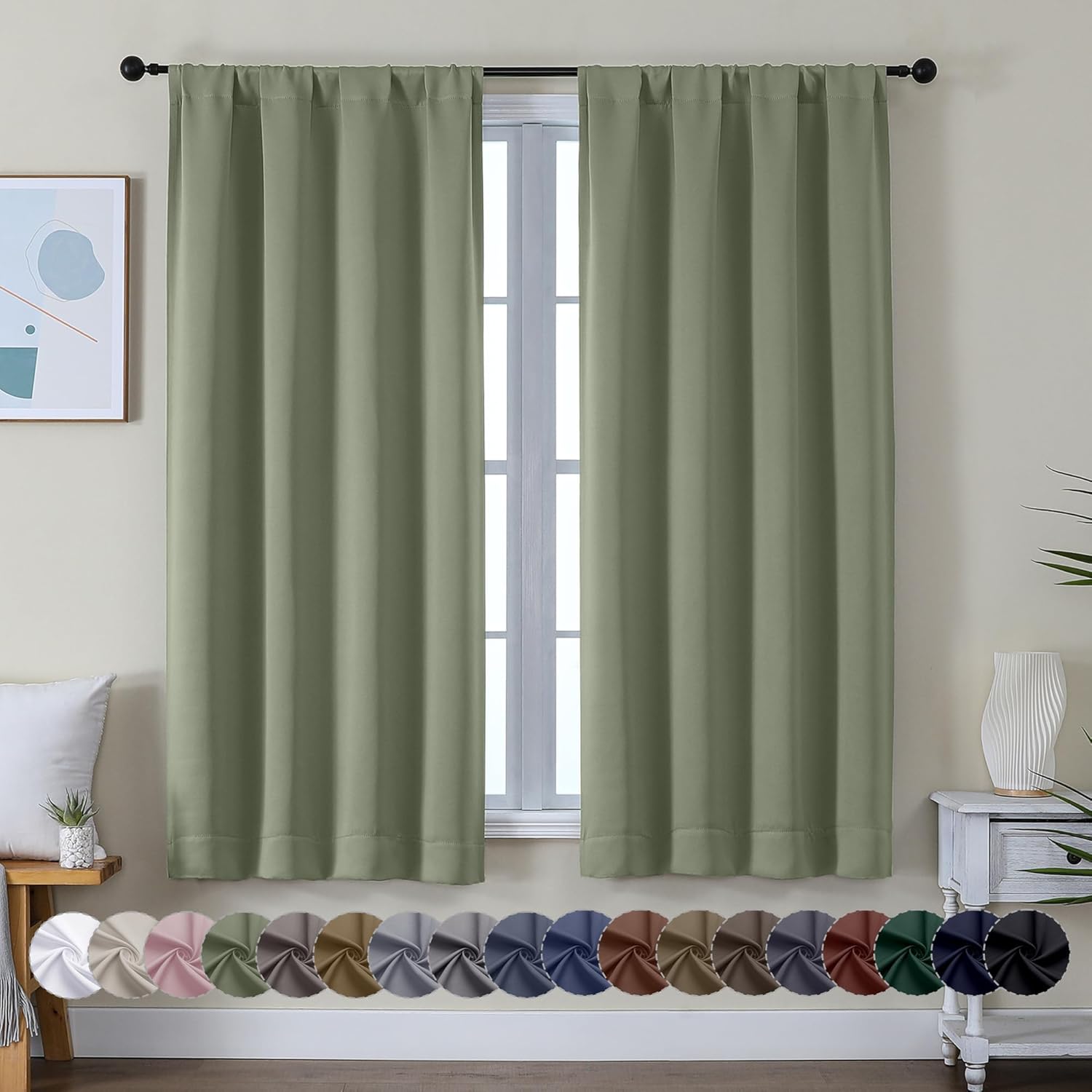 Simplebrand Sage Green Blackout Curtains for Bedroom 63 Inch Length 2-Panel Set