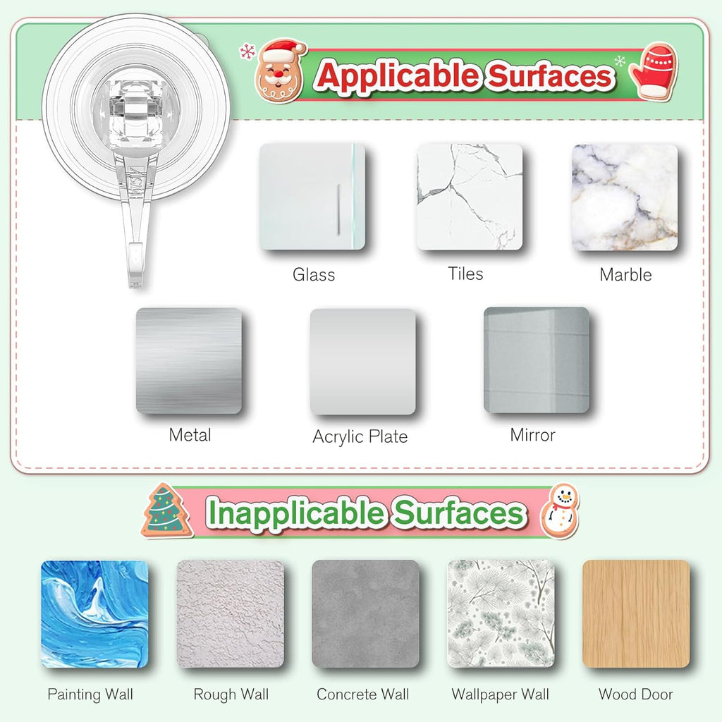VIS'V Heavy Duty Suction Cup Wreath Hanger Set (2 Pcs) - 22 LB Capacity Clear Hooks