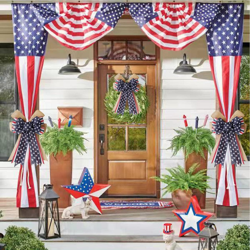 Hongsome Patriotic Burlap Bow for 4th of July Wreaths - Red White Blue Stars, 11x16.5in