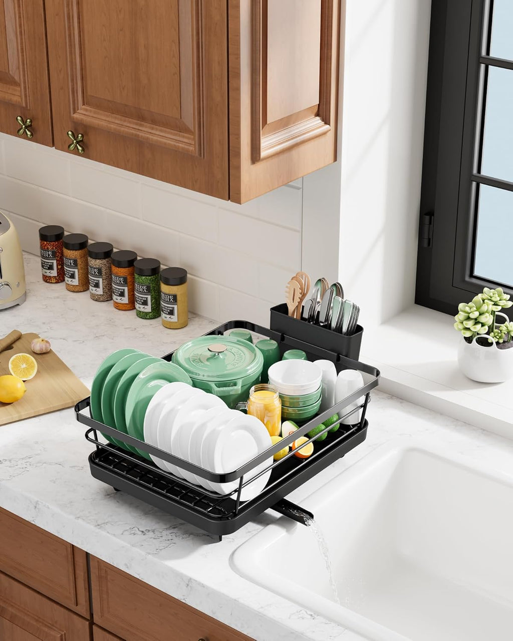 Kitsure Compact Dish Drying Rack for Small Kitchens - Stainless Steel with Detachable Cutlery Holder