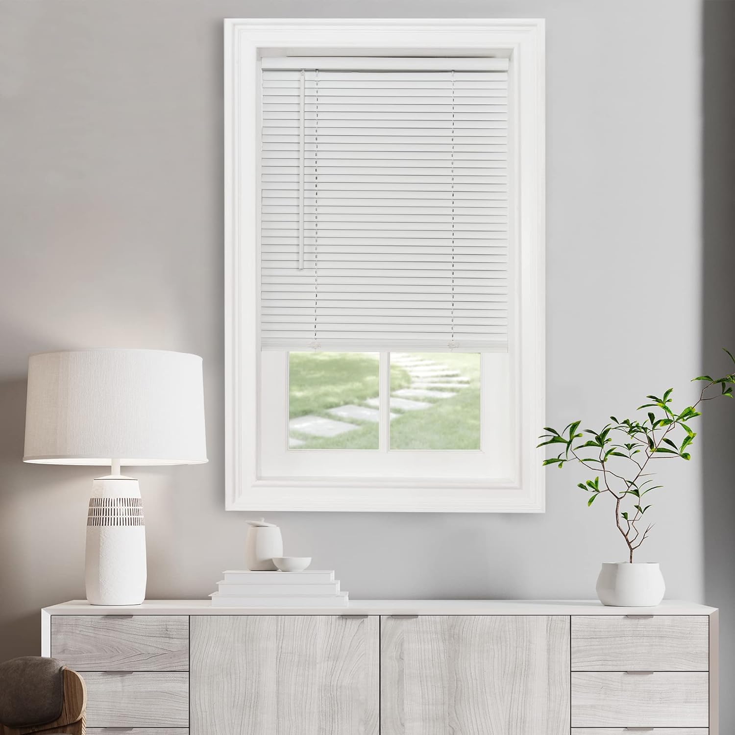 Cordless Light Filtering Mini Blinds - 34x64 Inch Pearl White Vinyl Horizontal Blinds by Achim