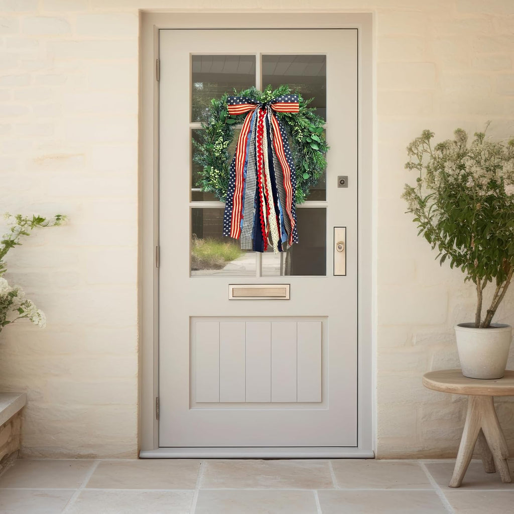 Ftuuo Large Patriotic Star Burlap Bow - 4th of July Wreath Sash with Clip-On