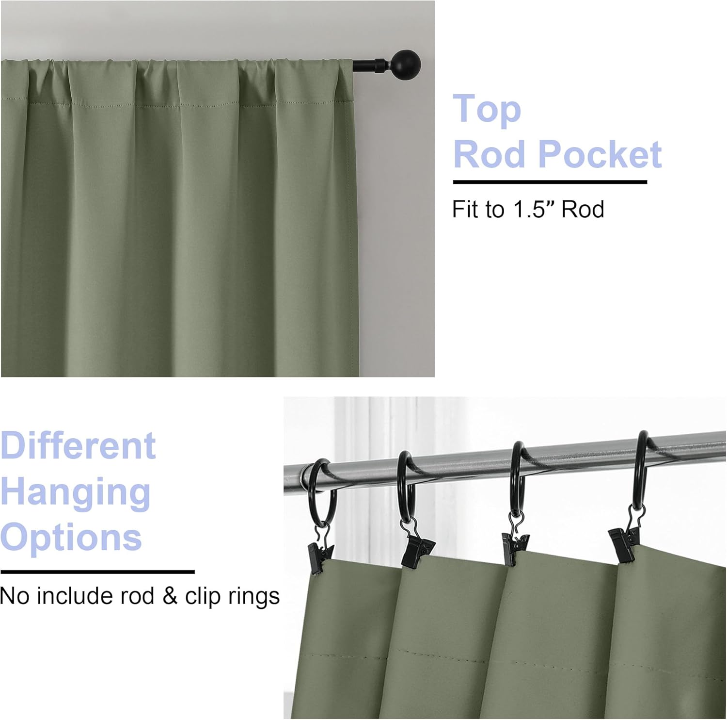 Simplebrand Sage Green Blackout Curtains for Bedroom 63 Inch Length 2-Panel Set