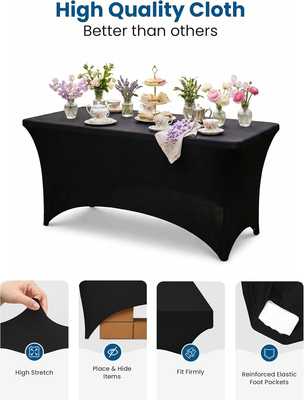 Utopia Kitchen 6-Foot Stretch Tablecloth 2-Pack - Black, Fitted & Wrinkle-Resistant