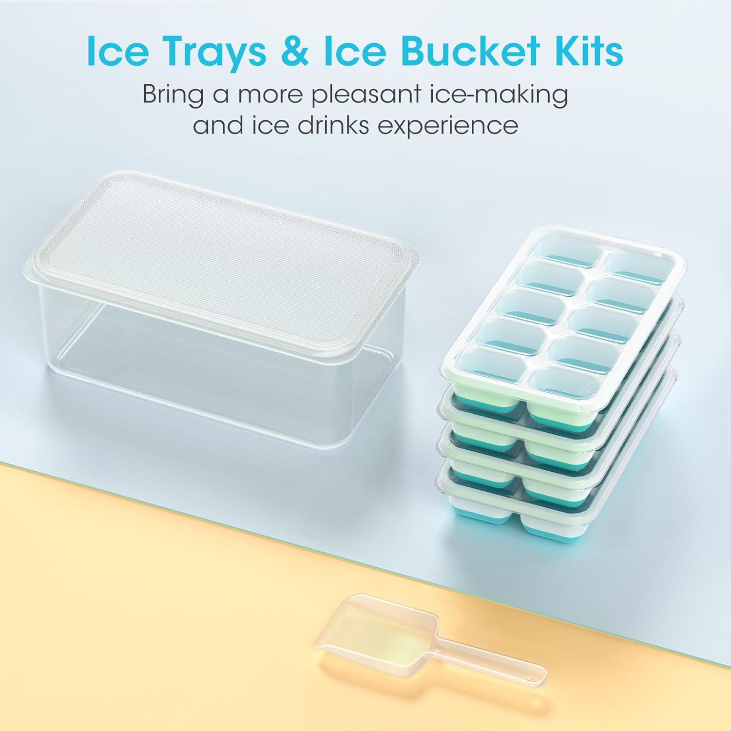 DOQAUS 4-Pack Ice Cube Tray Set with Lid & Bin - Stackable Silicone Freezer Organizer