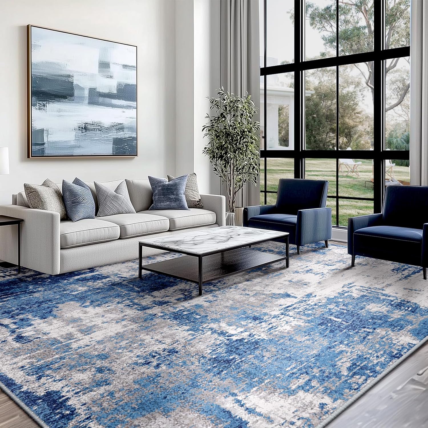 RELEANY Washable Non-Slip Abstract Rug 5'x7' for Living Room - Modern Blue Grey Design
