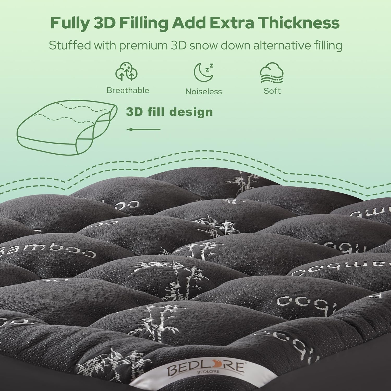 BEDLORE Queen Bamboo Viscose Mattress Topper for Back Pain Relief