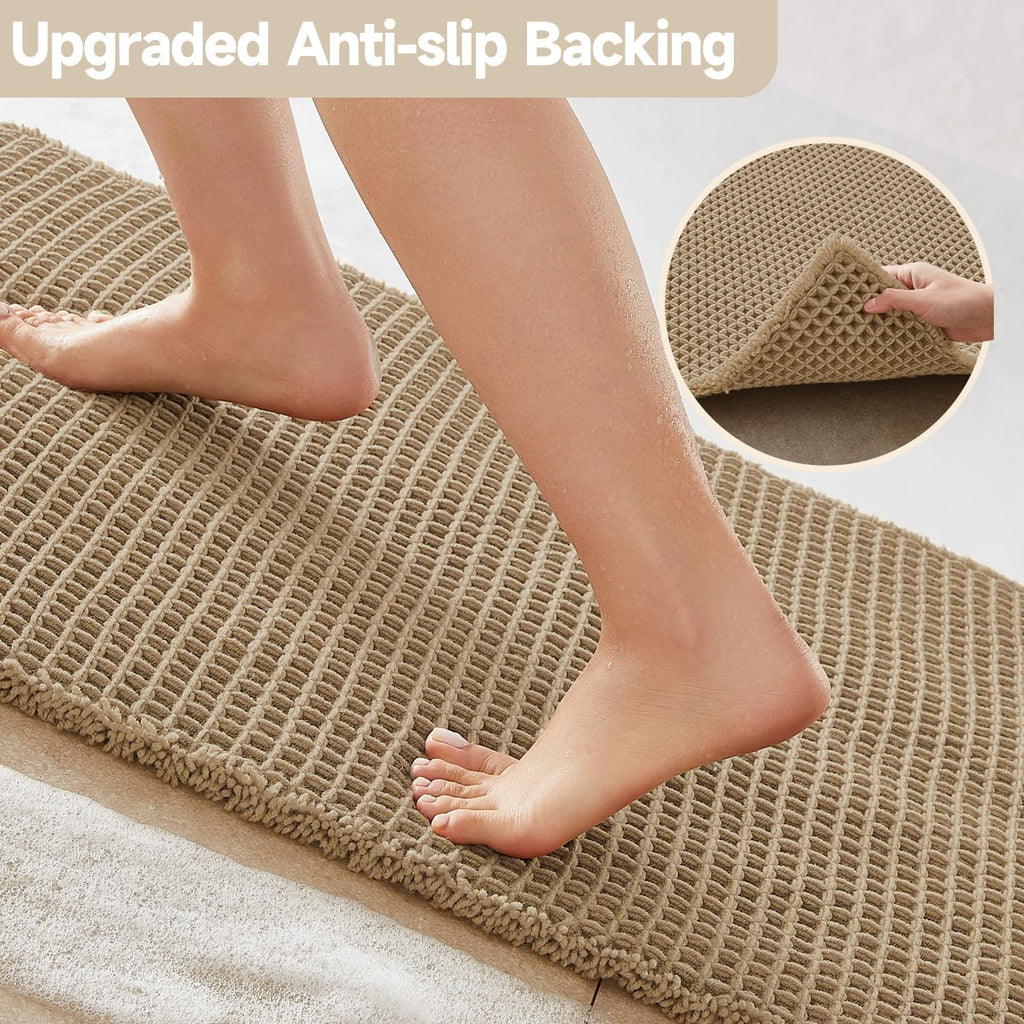 TYUU Boho Waffle Bath Mat - Non-Slip, Super Absorbent Farmhouse Rug (30x20", Khaki)