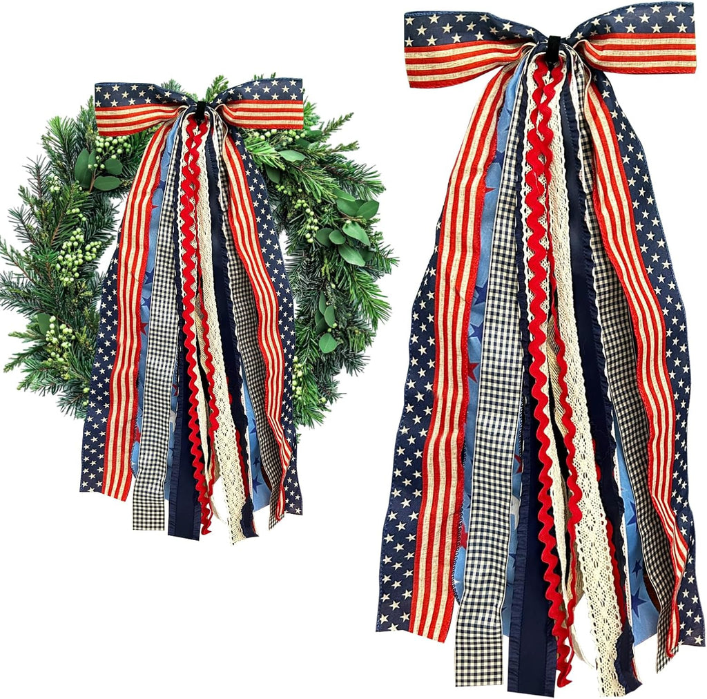 Ftuuo Large Patriotic Star Burlap Bow - 4th of July Wreath Sash with Clip-On
