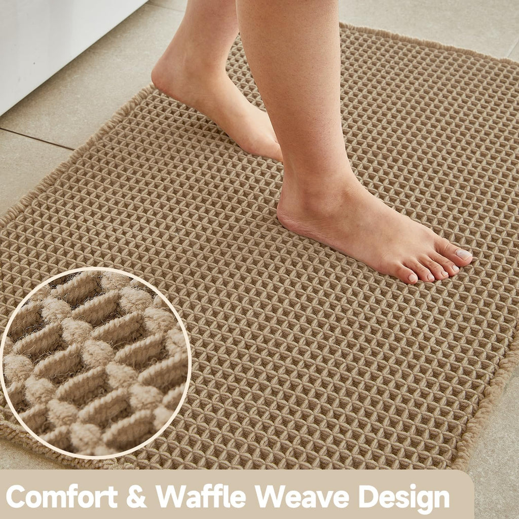 TYUU Boho Waffle Bath Mat - Non-Slip, Super Absorbent Farmhouse Rug (30x20", Khaki)