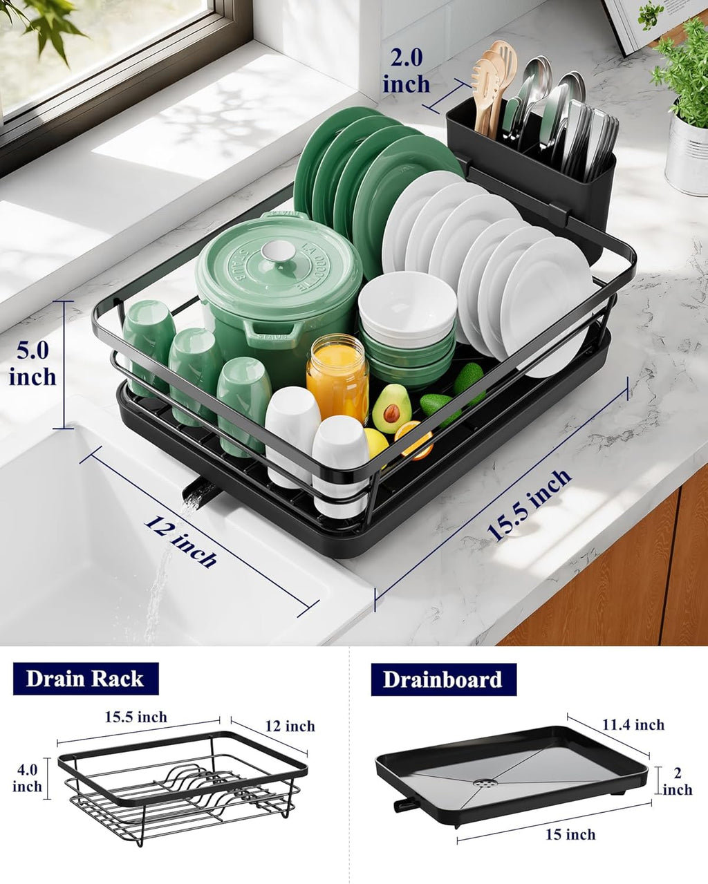 Kitsure Compact Dish Drying Rack for Small Kitchens - Stainless Steel with Detachable Cutlery Holder